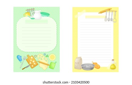 Pages with lines for recipe entries. Recipe book page templates with kitchen utensils set cartoon vector illustration