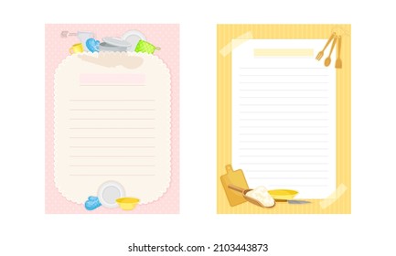 Pages With Lines For Recipe Entries. Recipe Book Page Templates Set, Culinary Stickers Cartoon Vector Illustration