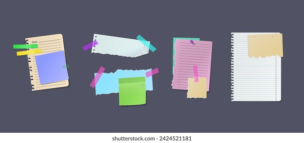 Seiten und Memo-Pads realistische Vektor-Illustrations-Set. Papiere für Nachrichten und Hinweise 3D-Modelle auf grauem Hintergrund. Hinweise zum Schwarzen Brett