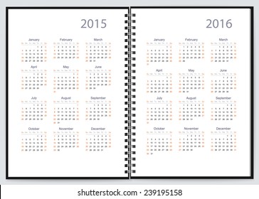 Pages of a notebook with 2015, 2016 year calendars. Vector