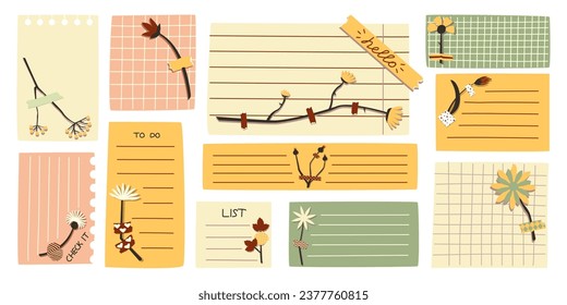 Páginas de cuadernos para notas con flores pegadas con cinta decorativa, conjunto de pegatinas