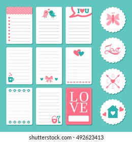Pages for notepad with romantic elements: hearts, birds, ribbon and the word "love." Vector illustration.