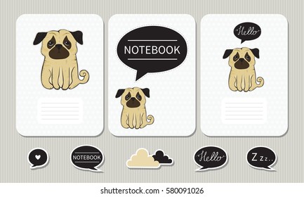 Pages for notes with  hand drawn pug. Notebooks,cards, decals, diary, school accessories. Set of  cards and stickers. Cute dog