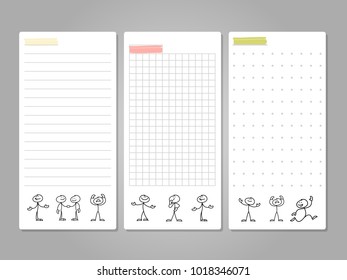 Pages for notes, tags, cards with cute line figures. Paper page notebook, blank notepaper with figure character artwork, vector illustration