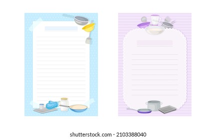 Pages for recipe entries set. Recipe book page templates with kitchen tools vector illustration i