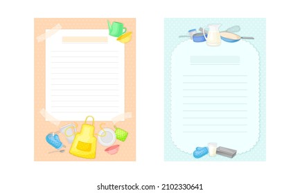 Pages for recipe entries set. Kitchen book lined paper for adding your own recipe cartoon vector illustration