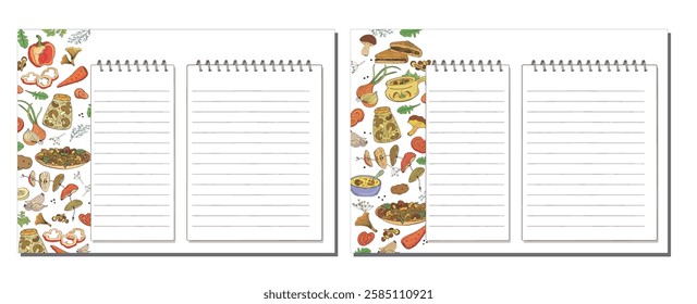 Pages for recording cooking recipes with drawings of products, vegetables and mushrooms. Vector illustration