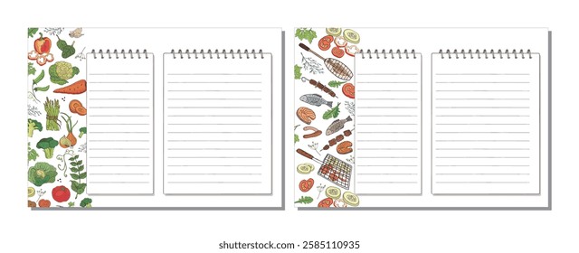 Pages for recording cooking recipes with drawings of products and vegetables. Vector illustration