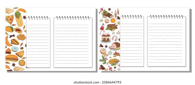 Pages for recording recipes for cooking, baking, and desserts. Vector illustration