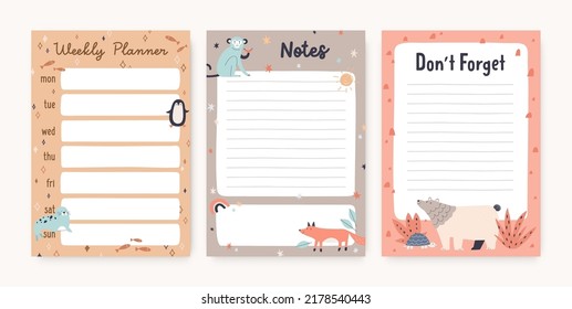 Pages templates for kids planner, diary with cute animals. Sheet of papers for notebook, organizer design in Scandinavian style. Backgrounds with lines for plans, notes. Flat vector illustrations