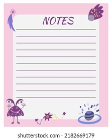 Pages templates for kids planner, diary with cosmos. Sheet of papers for notebook, organizer. Printable paper sheets for organizer. Backgrounds with lines for plans, notes. Flat vector illustrations