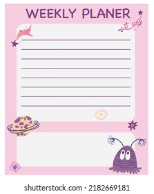 Pages templates for kids planner, diary with cosmos. Sheet of papers for notebook, organizer. Printable paper sheets for organizer. Backgrounds with lines for plans, notes. Flat vector illustrations
