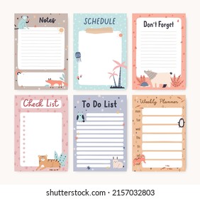 Pages templates set for cute kids planner, diary. Scandinavian-styled to-do lists, checklists, notes, schedule, plan paper designs for notebook. Flat vector illustration isolated on white background