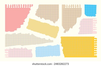 Pages torn out of a notebook. Torn edge of old paper. Isolated on white background. Vector illustration. Front view. Close up. Set