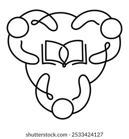 Pages of Unity Icon – Three Persons in a Circle with an Open Book, Representing Collective Knowledge and Understanding