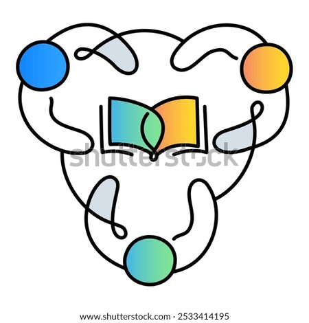 Pages of Unity Icon – Three Persons in a Circle with an Open Book, Representing Collective Knowledge and Understanding