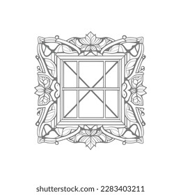The pages of the vintage coloring book showcase a stunning open window with lovely flowers and leafs.