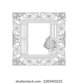 The pages of the vintage coloring book showcase a stunning open window with lovely flowers and leafs.