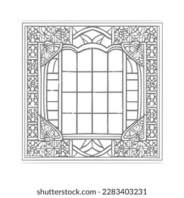 The pages of the vintage coloring book showcase a stunning open window with lovely flowers and leafs.