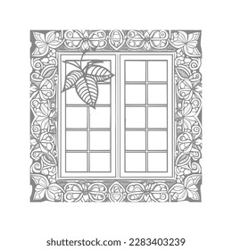 The pages of the vintage coloring book showcase a stunning open window with lovely flowers and leafs.