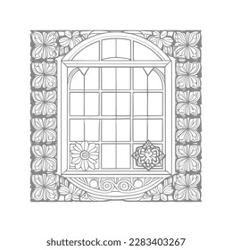 The pages of the vintage coloring book showcase a stunning open window with lovely flowers and leafs.