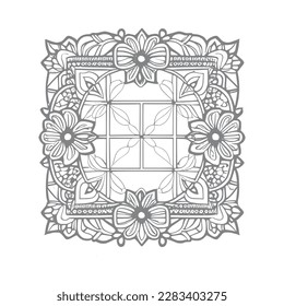 The pages of the vintage coloring book showcase a stunning open window with lovely flowers and leafs.