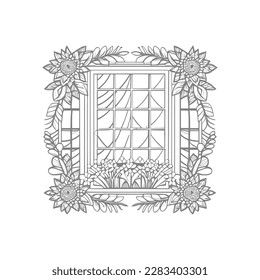 The pages of the vintage coloring book showcase a stunning open window with lovely flowers and leafs.