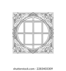 The pages of the vintage coloring book showcase a stunning open window with lovely flowers and leafs.