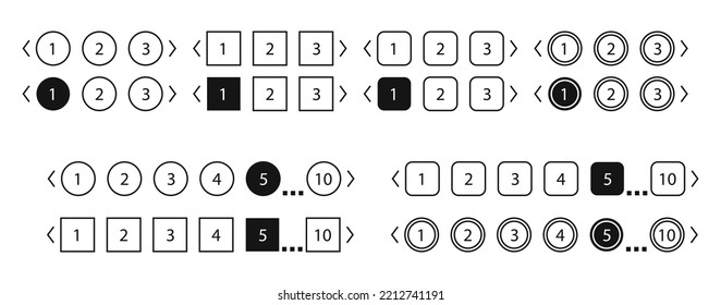 Pagination bars set. Collection buttons for site navigation. Interface elements for menu and box with arrows. Round and square slide controls. Internet panel for search webpages in black style