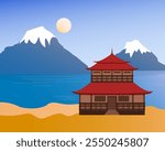 Pagoda against the backdrop of mountain peaks and the sea. Blue sky and sun. Japanese landscape. Eastern culture. Vector illustration