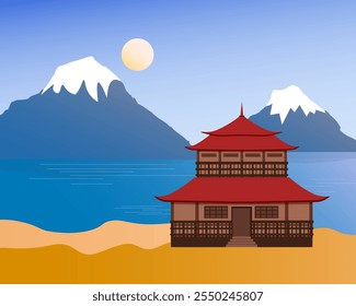 Pagode contra o pano de fundo de picos de montanha e do mar. Céu azul e sol. Paisagem japonesa. Cultura oriental. Ilustração vetorial