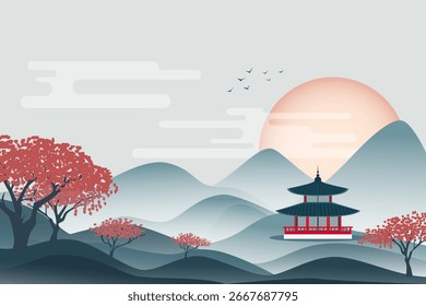 Pagoda in beautiful mountains at sunset. Vector illustration of Asian mountains landscape and pagoda among trees. Asian mountain nature landscape at sunset or sunrise.