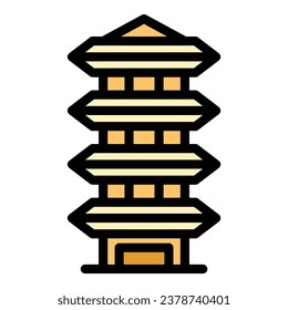 Vector de contorno de icono de Pagoda buddha. Templo chino. Color de la casa china plano