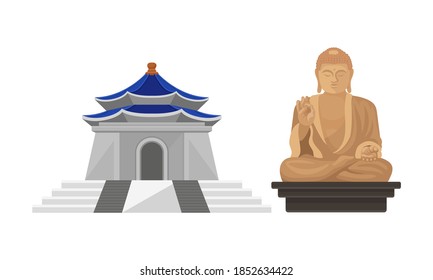 Pagoda und Buddha Statue als traditionelles chinesisches Architekturwerk, Kultur und Attraktionen Vektorset