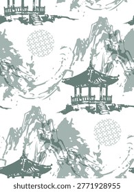 pagoda building abstract seamless pattern design brush strokes japanese chinese vector ink traditional asian design isolated
