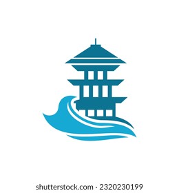 pagoda building with wave logo vector, illustration design template