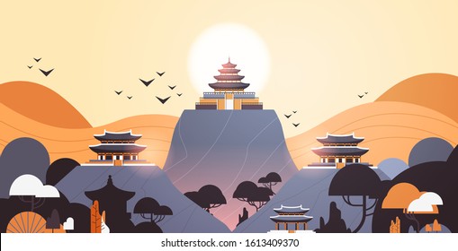 pagoda buildings in traditional style pavilions architecture asian scenery landscape background horizontal vector illustration