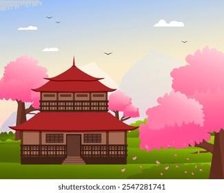 Pagode e flor de cerejeira. Campos verdes. Paisagem japonesa. Velhas casas típicas japonesas. Picos de montanha e pássaros voadores. Cultura oriental. Ilustração vetorial