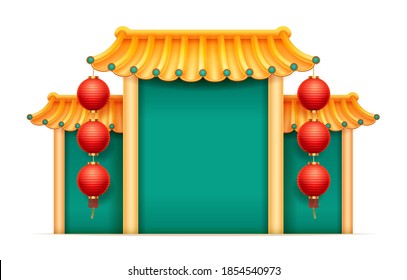 Pagoda China Japan Temple With Columns, Copy Space, Hanging Lanterns Isolated. Vector Green Building With Golden Bamboo Roof, Castle Japanese Or Korean House, Ancient Oriental Palace, Pavilion