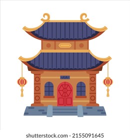 Pagoda as Chinese Tiered Tower with Multiple Eaves and Traditional Building Vector Illustration