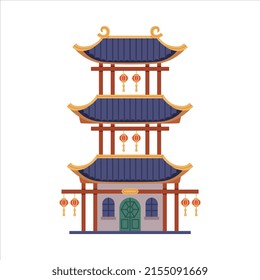 Pagoda as Chinese Tiered Tower with Multiple Eaves and Traditional Building Vector Illustration