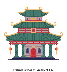 Pagoda as Chinese Tiered Tower with Multiple Eaves and Traditional Building Vector Illustration
