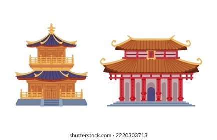 Pagoda as Chinese Tiered Tower with Multiple Eaves and Traditional Building Vector Set