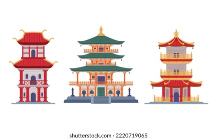 Pagoda as Chinese Tiered Tower with Multiple Eaves and Traditional Building Vector Set