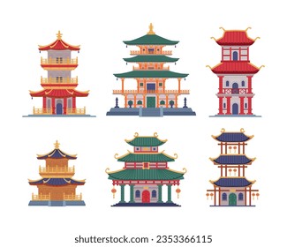 Pagoda as Chinese Tiered Tower with Multiple Eaves and Traditional Building Vector Illustration Set