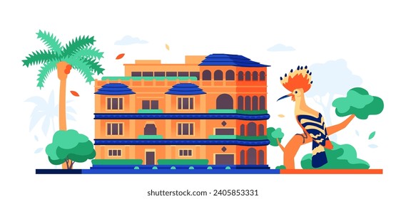 Pagoda House in Tel Aviv - modern colored vector illustration with historic building in an eclectic style. Israeli architecture, sights of the Mediterranean and hoopoe bird sitting on a branch