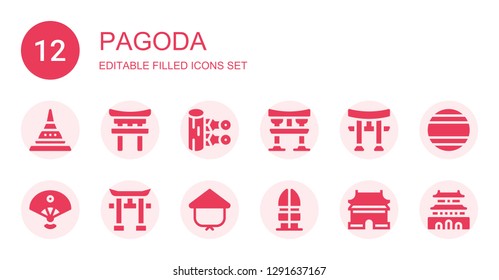 pagoda icon set. Collection of 12 filled pagoda icons included Doi suthep, Torii, Kunai, Sensu, Kasa, Korea, Ming dynasty tombs, Thailand, Forbidden city