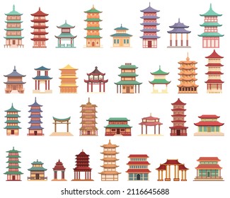 Pagoda icons set cartoon vector. Chinese temple. Roof building