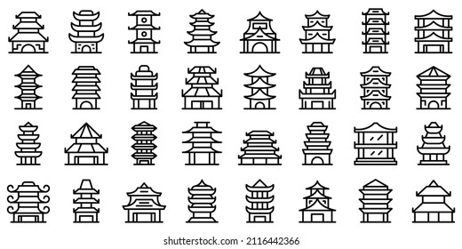 Los iconos de la pagoda establecen el vector de contorno. Templo asiático. Edificio de techo