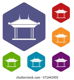 Pagoda icons set rhombus in different colors isolated on white background